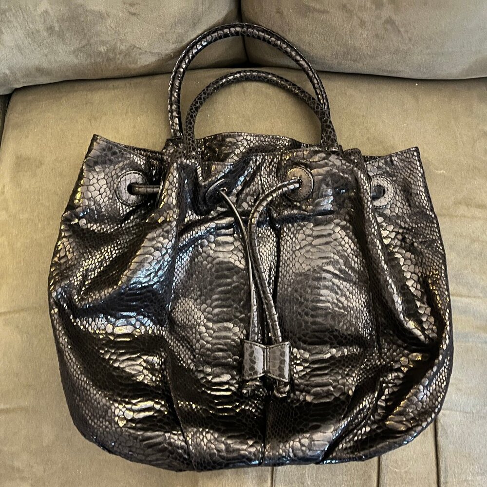 Fatto a Mano by Carlos Falchi Black Faux Snakeskin Drawstring Bag